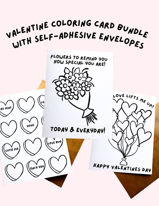 Colorable Valentine Card Set with Self-Adhesive Envelopes